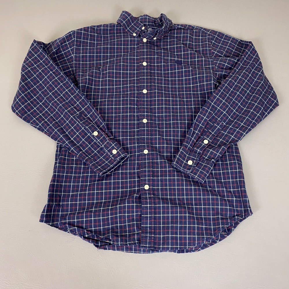 Chaps Boys Shirt Men's XL 18-20 Navy Blue Plaid Button Down Long Sleeve Cotton